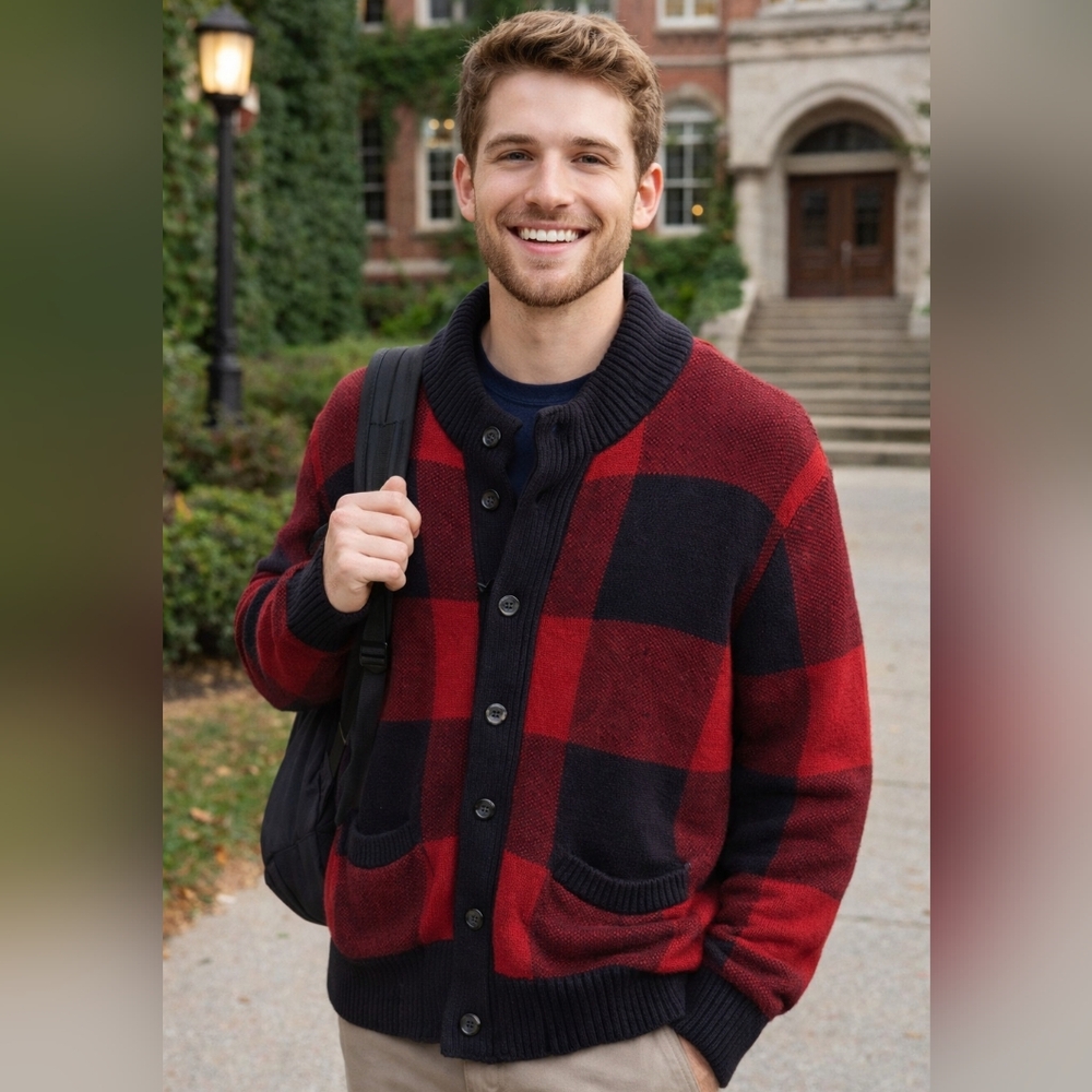 American Eagle Red Black Plaid Knit Button Up Mock Neck Cardigan Sweater Sz M